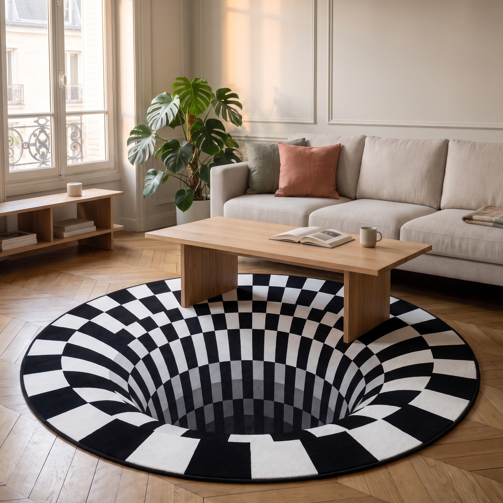 Damier noir et blanc du tapis illusion vu en perspective