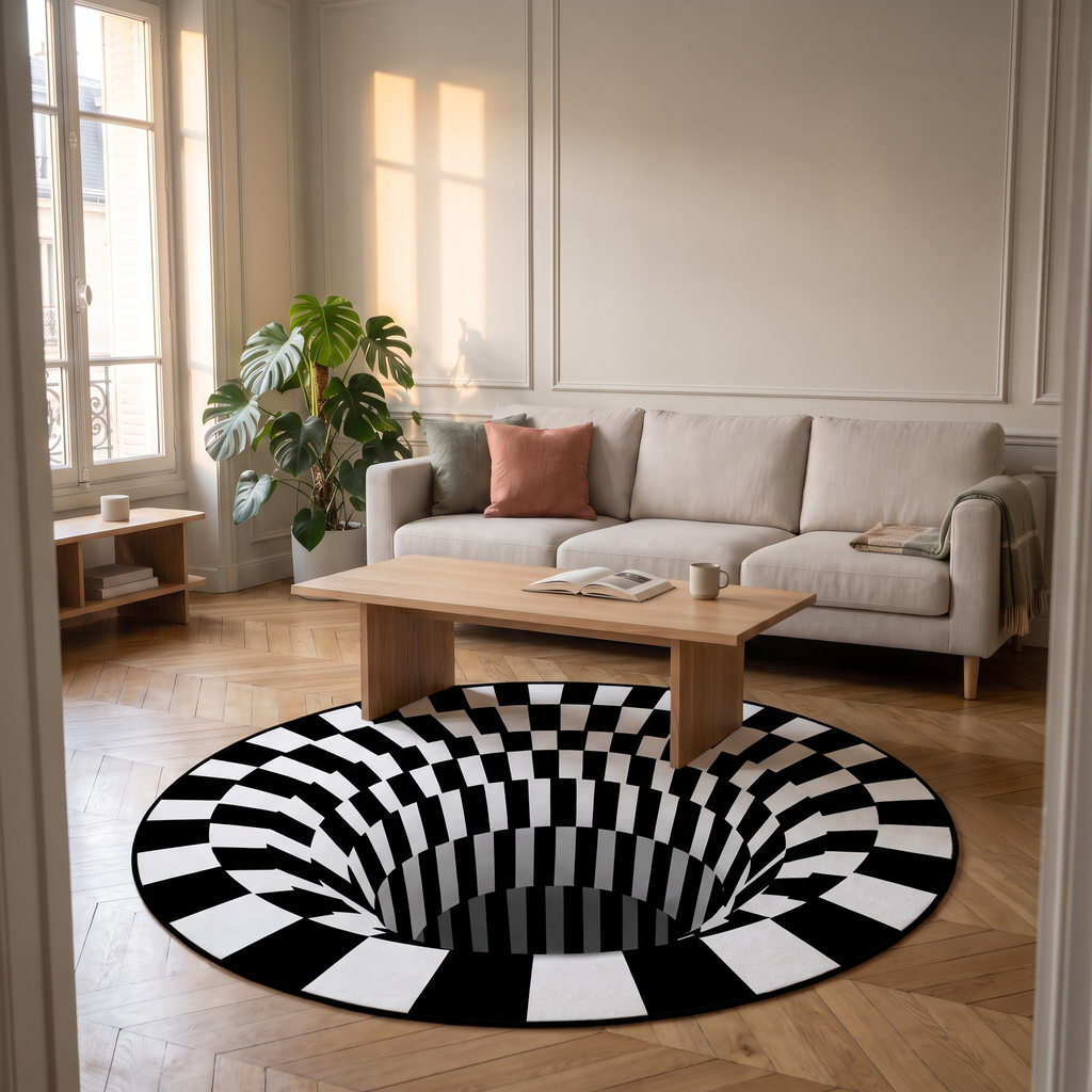 Tapis illusion rond noir et blanc sous une table basse