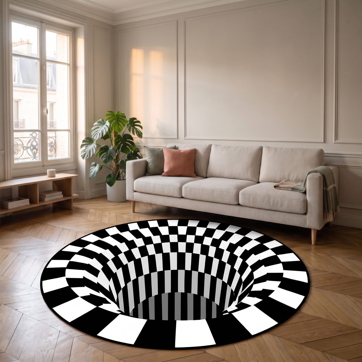 Tapis illusion rond noir et blanc à l’échelle d’un canapé