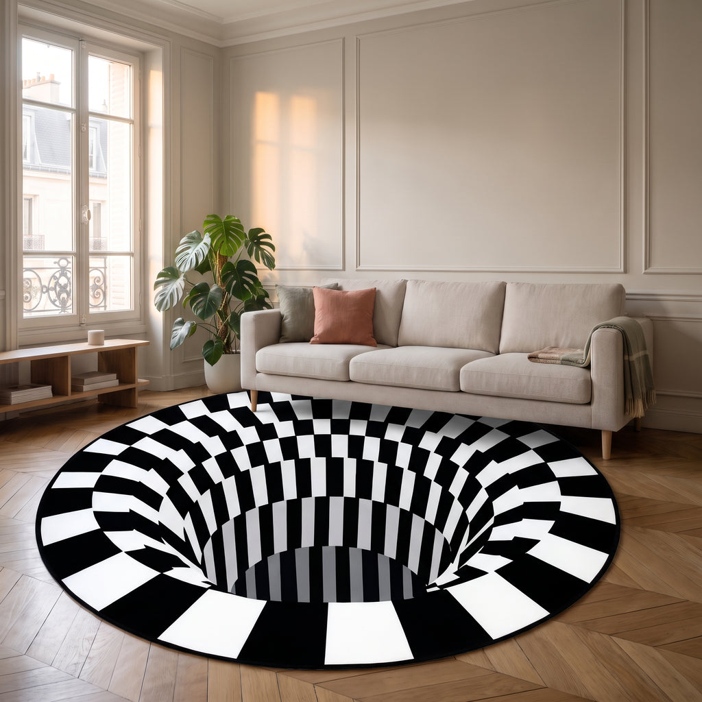 Tapis illusion rond noir et blanc avec bandes centrales et zigzags dans un salon