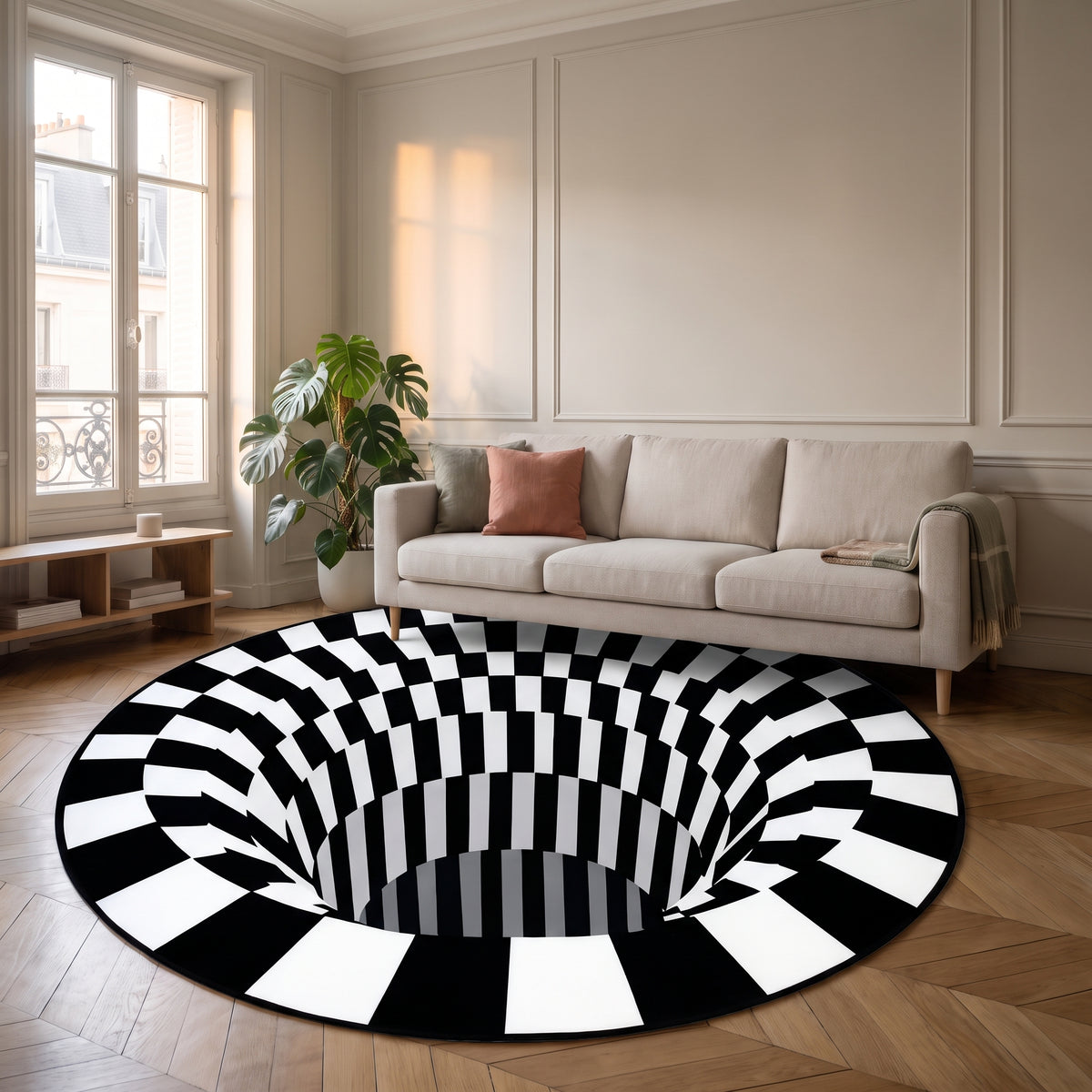 Tapis illusion rond noir et blanc avec bandes centrales et zigzags dans un salon