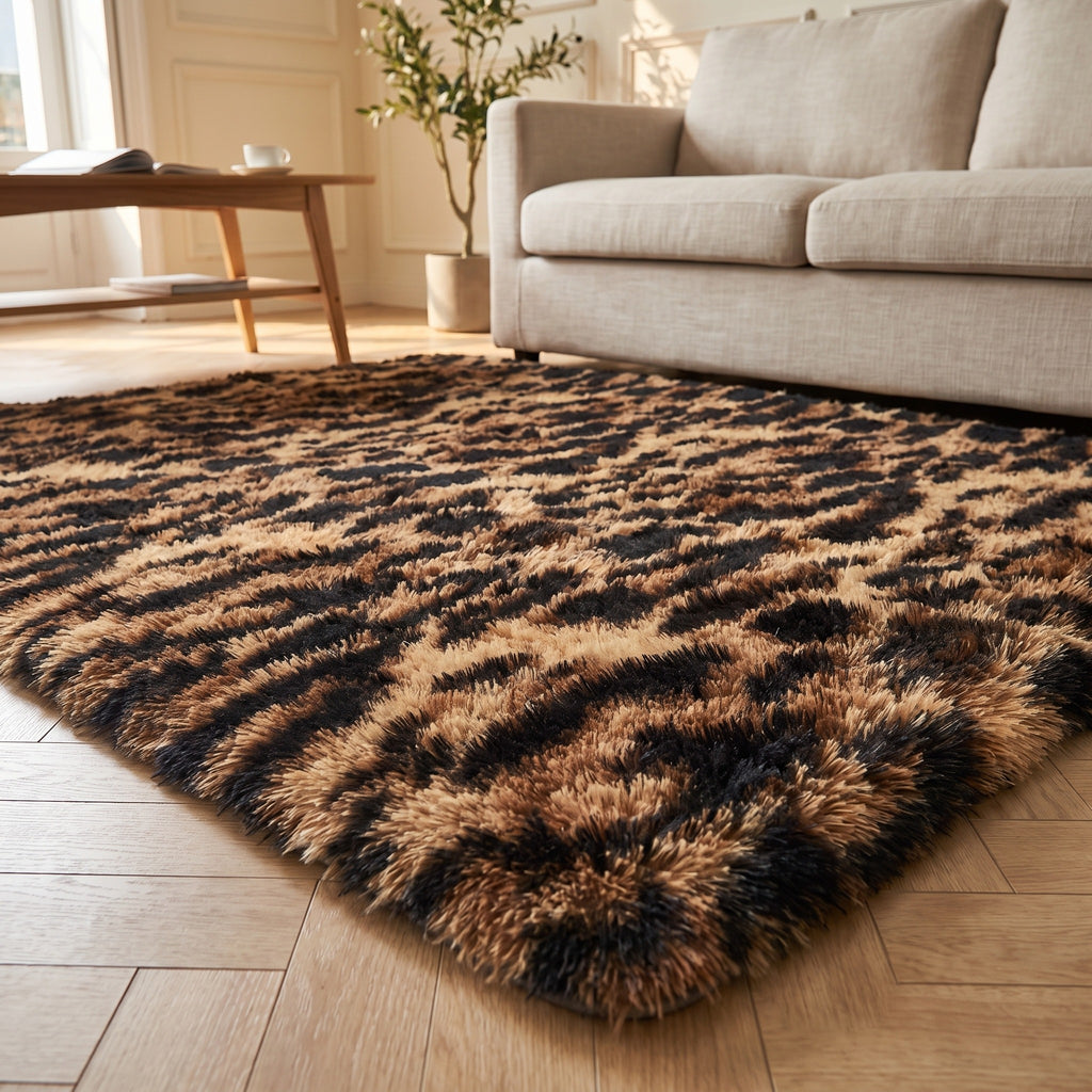 Vue au ras du sol de la fibre longue d'un tapis leopard sable, lumiere rasante