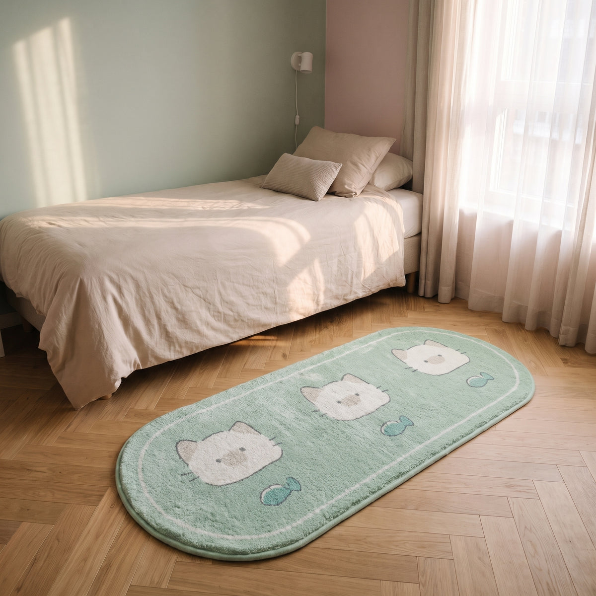 Tapis long vert à chats placé au bord d’un lit enfant Image