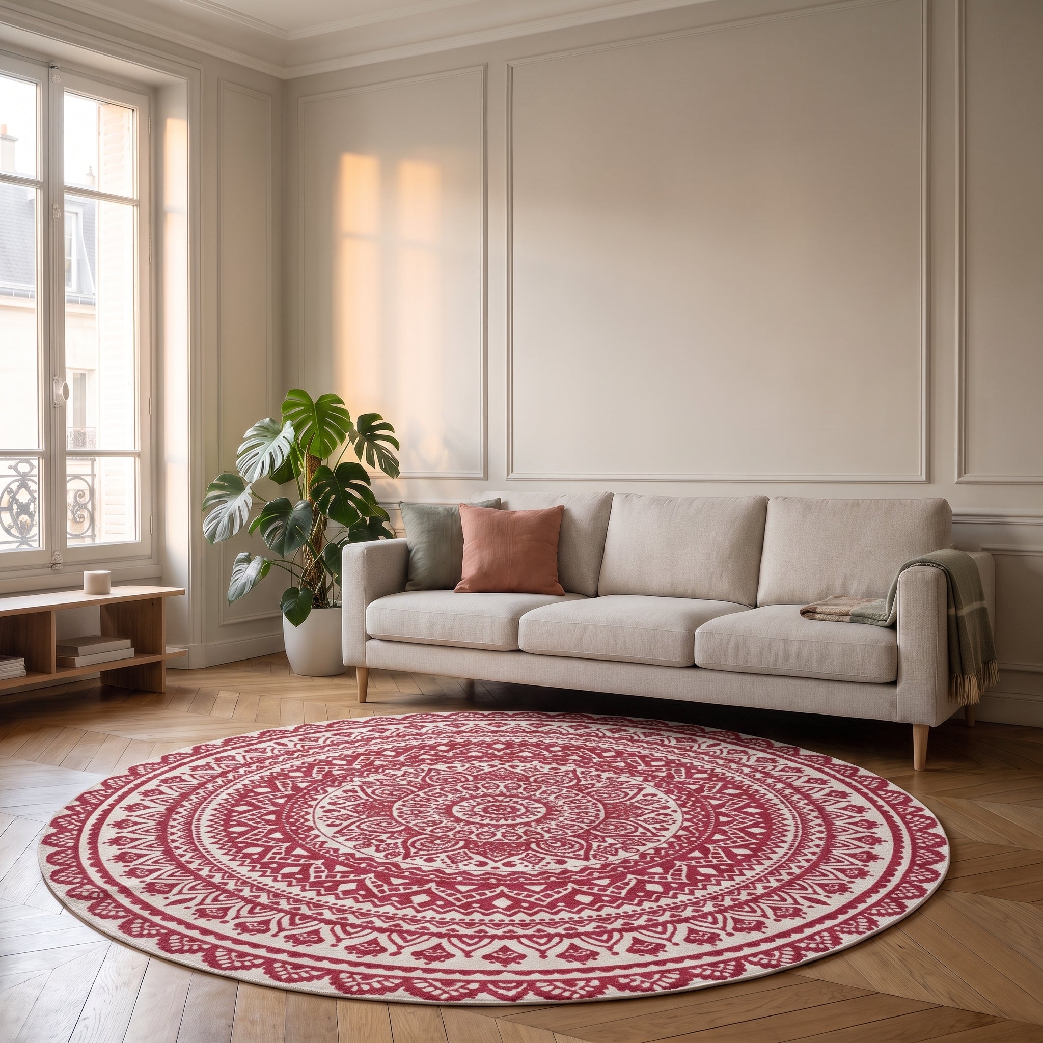 Tapis rond mandala rouge et blanc posé devant un canapé dans un salon Image