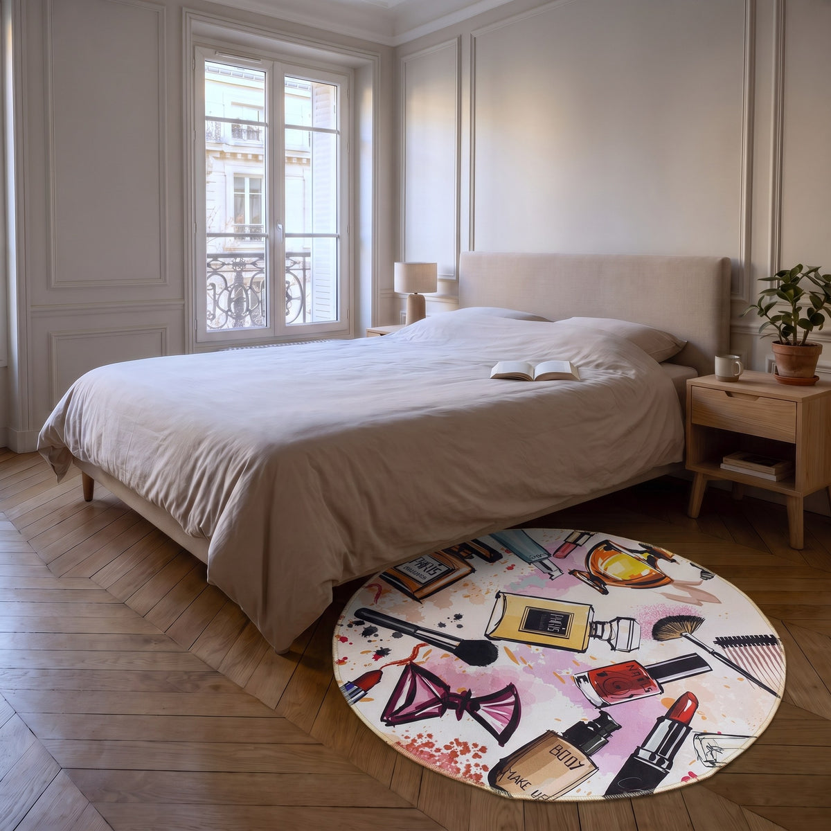 Le tapis rond posé au pied du lit dans une chambre claire Image