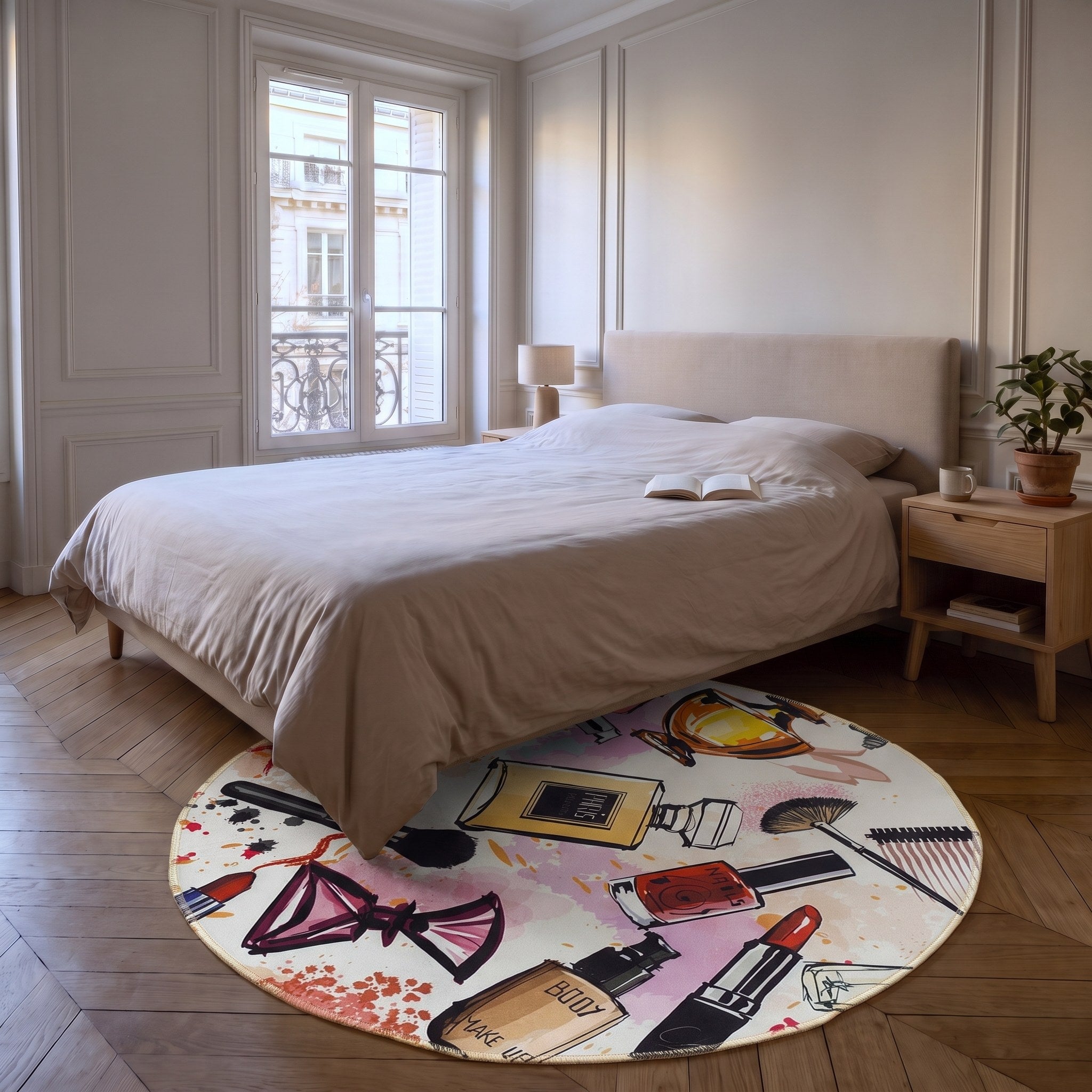 Le tapis rond à plat sur le parquet, sa tranche surjetée posée au sol Image
