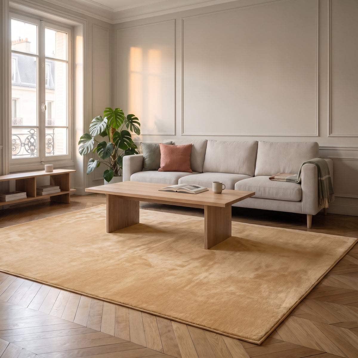 Tapis camel en molleton ras dans un salon lumineux