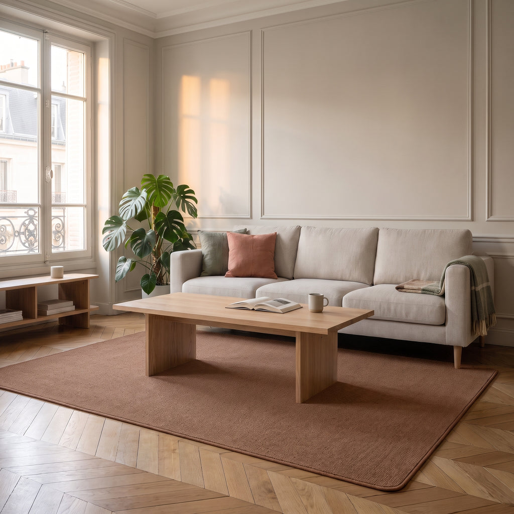 Tapis marron en molleton ras dans un salon lumineux