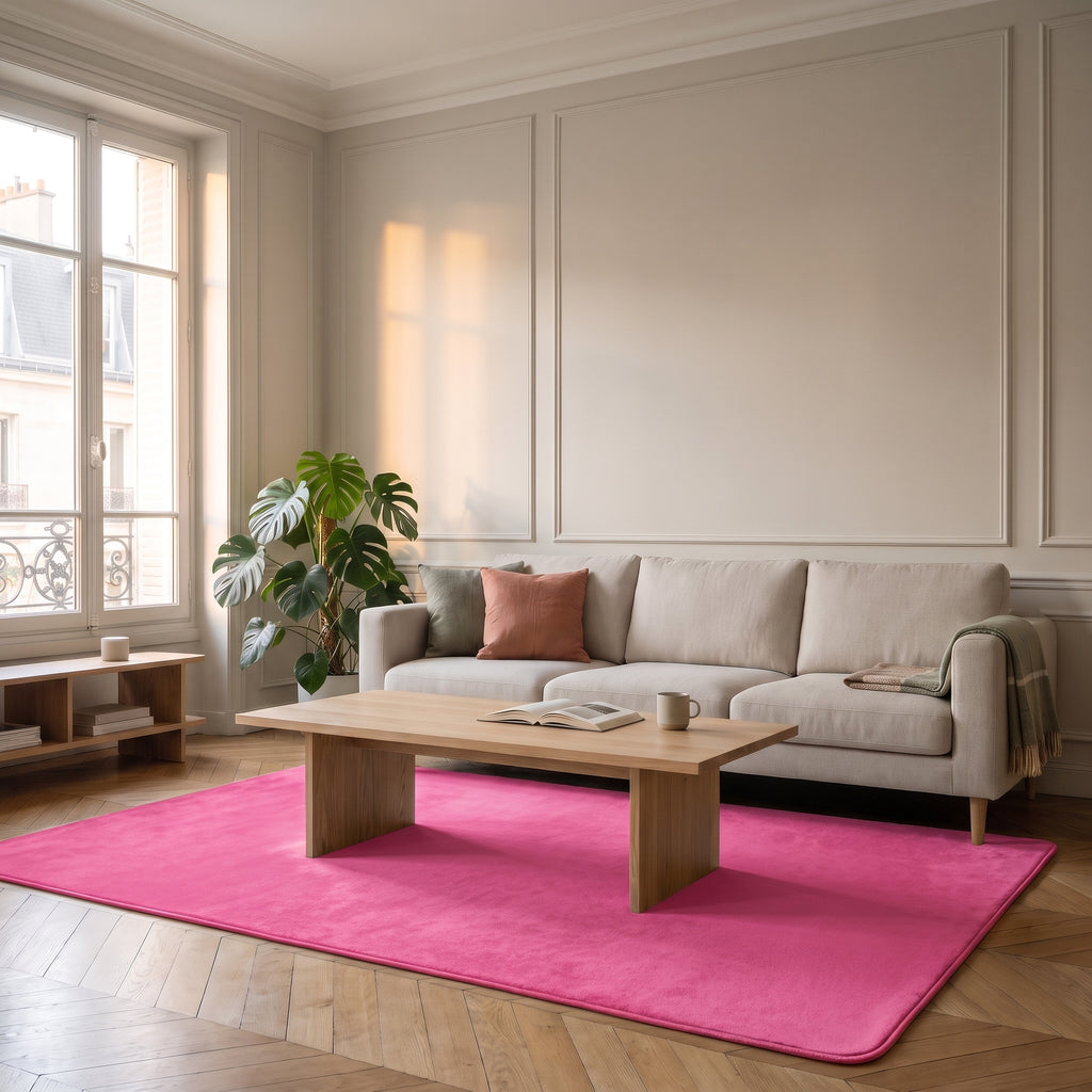 Tapis rose fuchsia en molleton ras dans un salon lumineux