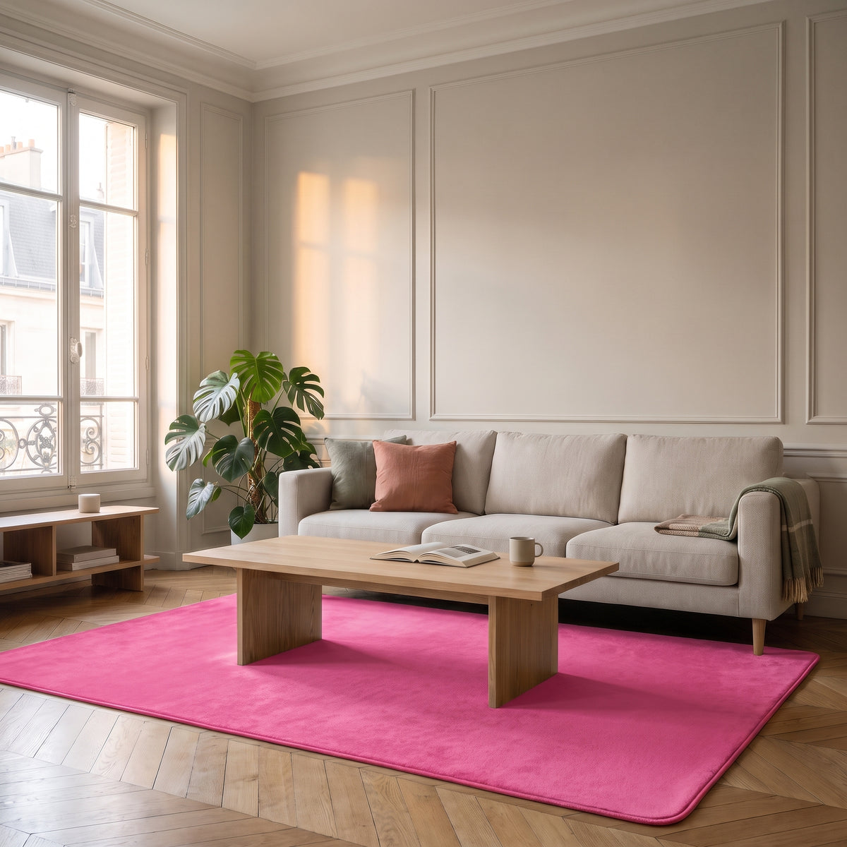 Tapis rose fuchsia en molleton ras dans un salon lumineux