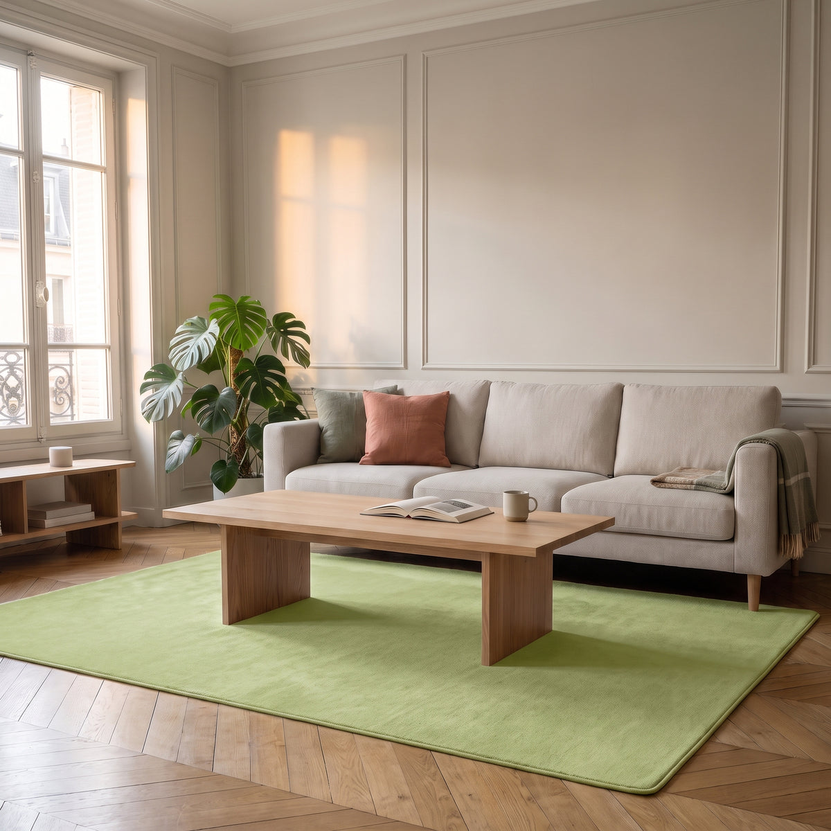 Tapis vert en molleton ras dans un salon lumineux