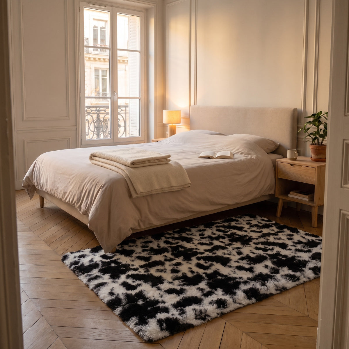 Tapis a motif vache pose au pied d'un lit dans une chambre en fin de journee Image