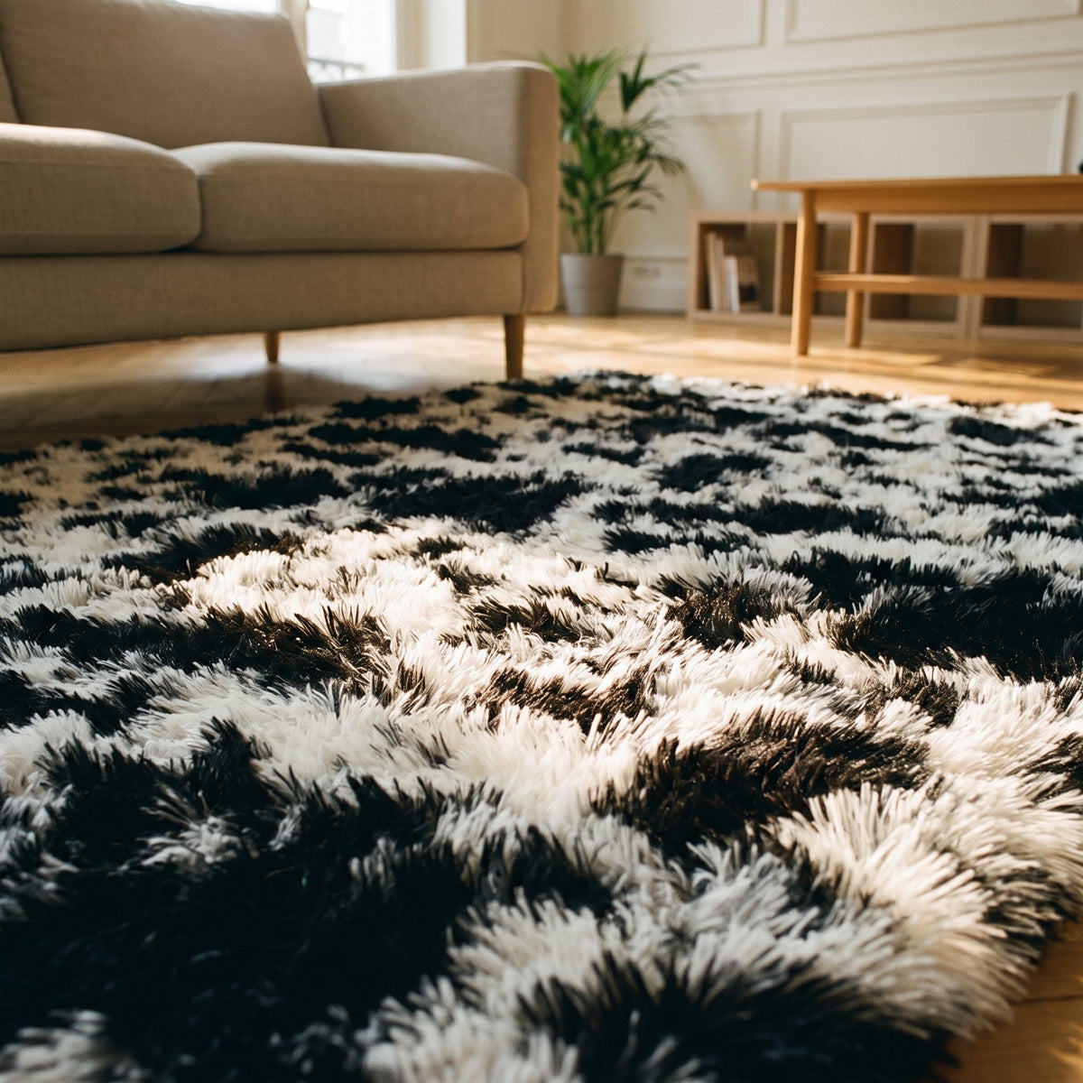 Vue au ras du sol de la fibre longue d'un tapis a motif vache, lumiere rasante