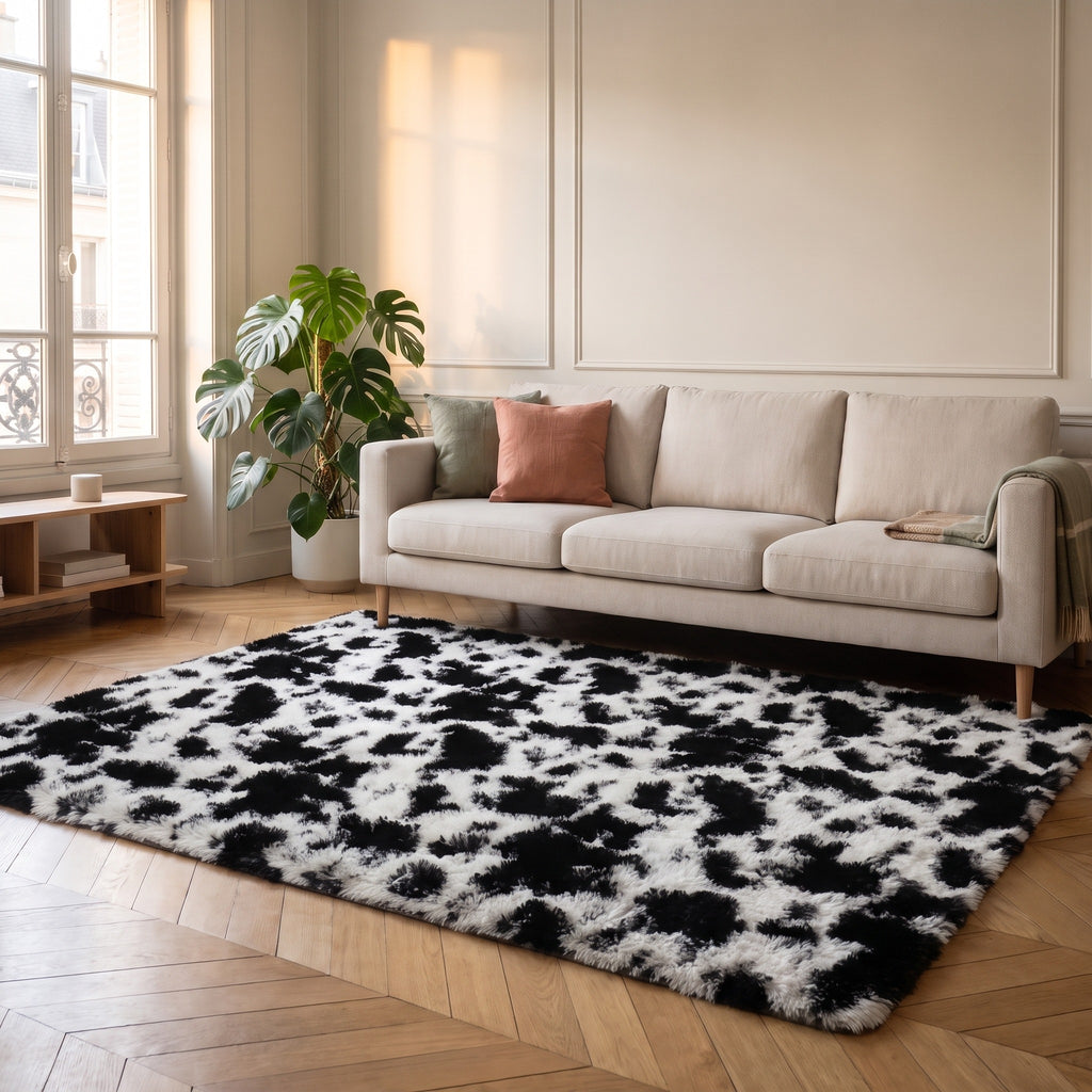 Tapis a motif vache noir et blanc pose au centre d'un salon clair, devant un canape ecru