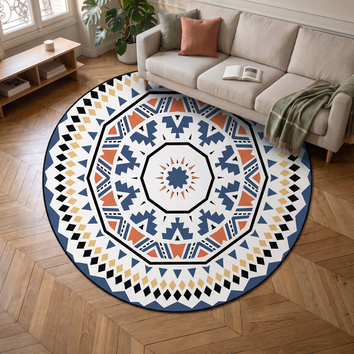 Vue plongeante du tapis rond à motif géométrique concentrique Image