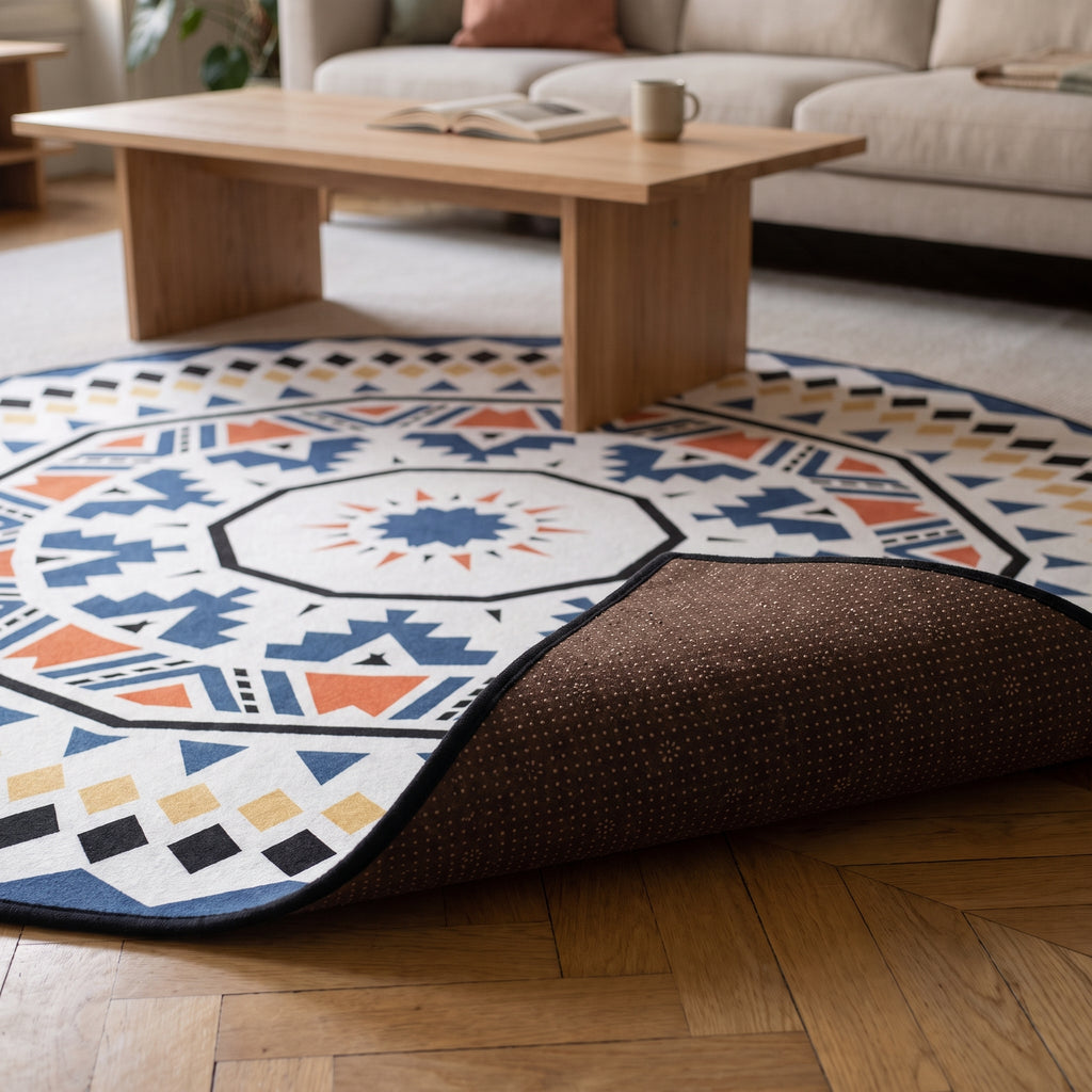 Détail de la bordure et du revers pointillé du tapis rond géométrique