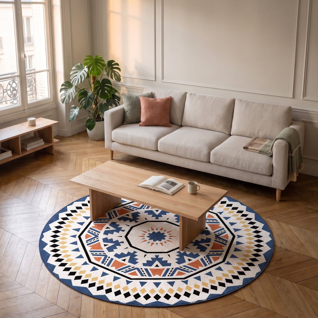 Tapis rond à motifs géométriques bleu marine, blanc, ocre et terracotta dans un salon