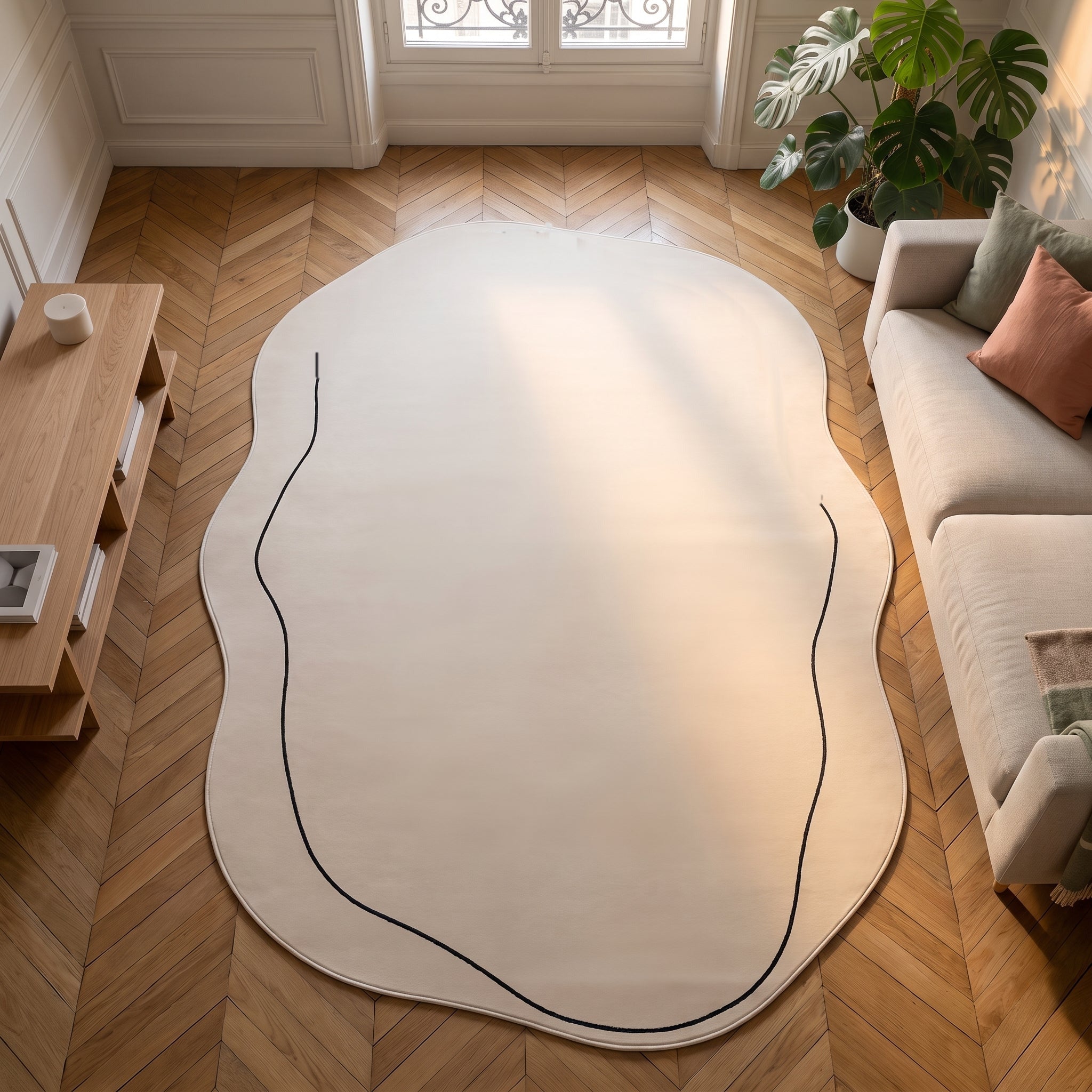 Tapis forme nuage écru vu de dessus sur un parquet de salon Image