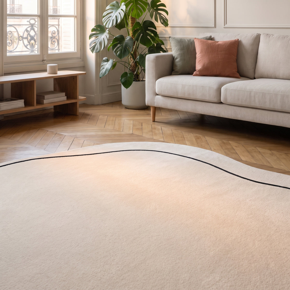 Tapis écru forme nuage vu au ras du sol dans un salon, le liseré noir suit la courbe du bord Image