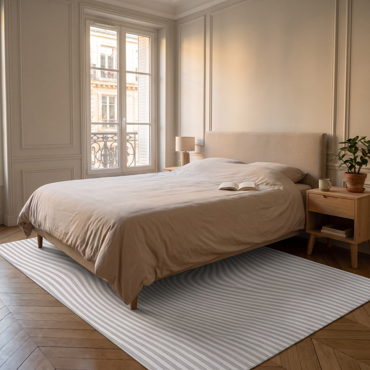 Tapis à ondes sculptées en relief gris lilas, motif ondes, posé au pied d'un lit double dans une chambre claire