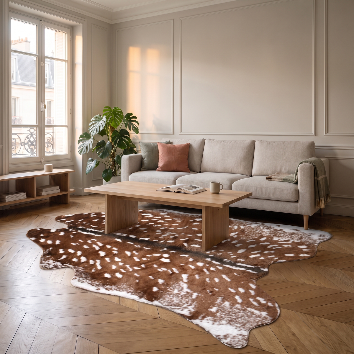Tapis motif peau de cerf dans un salon lumineux Image