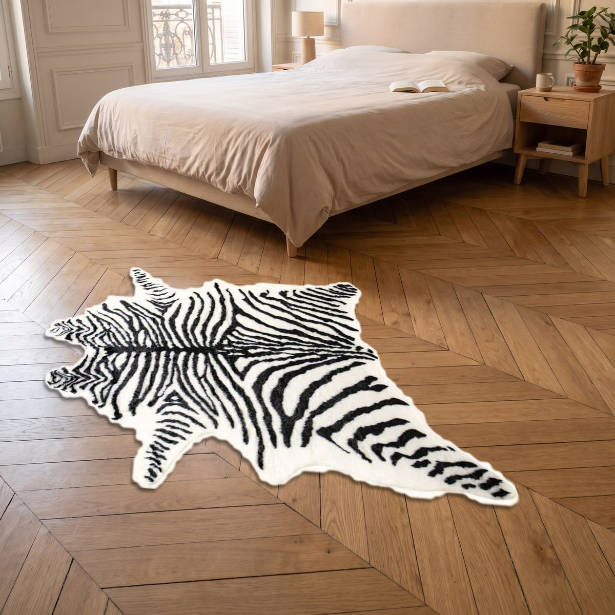 Tapis peau de zèbre vu de haut au pied d'un lit deux places Image