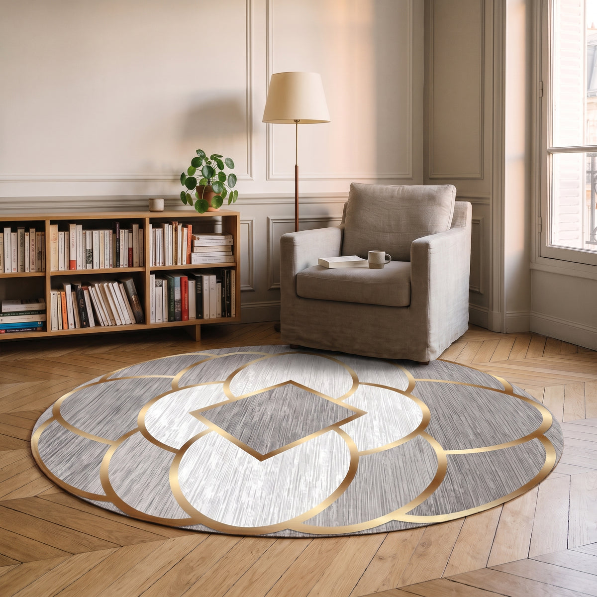 Tapis à pétales gris clair entièrement visible dans un coin lecture