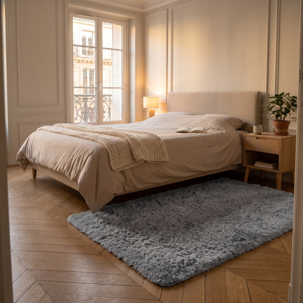 Tapis à poils longs gris posé au pied d'un lit dans une chambre, lampe allumée en fin de journée