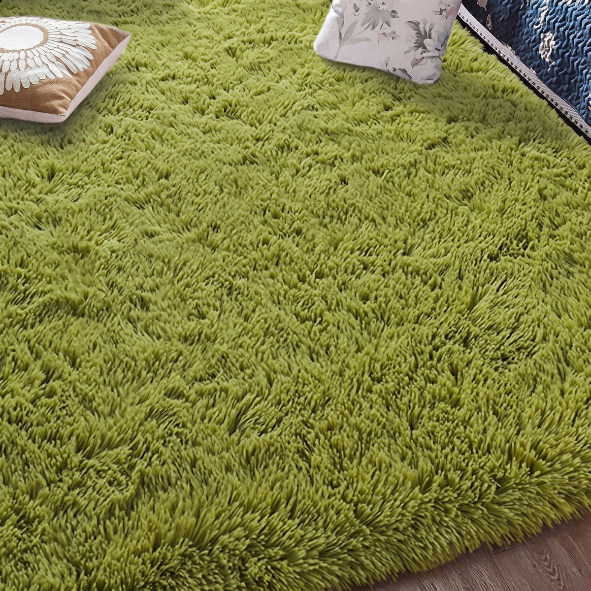 Tapis à poils longs coloris vert, déployé au sol d'une pièce
