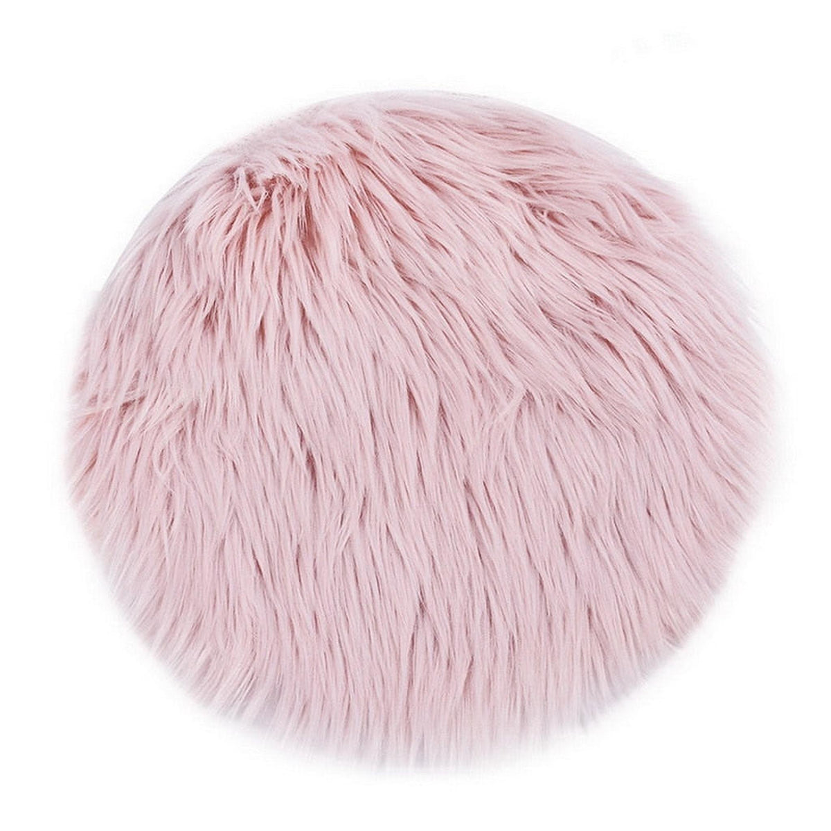 Tapis rond rose en fausse fourrure à poil long sur fond blanc