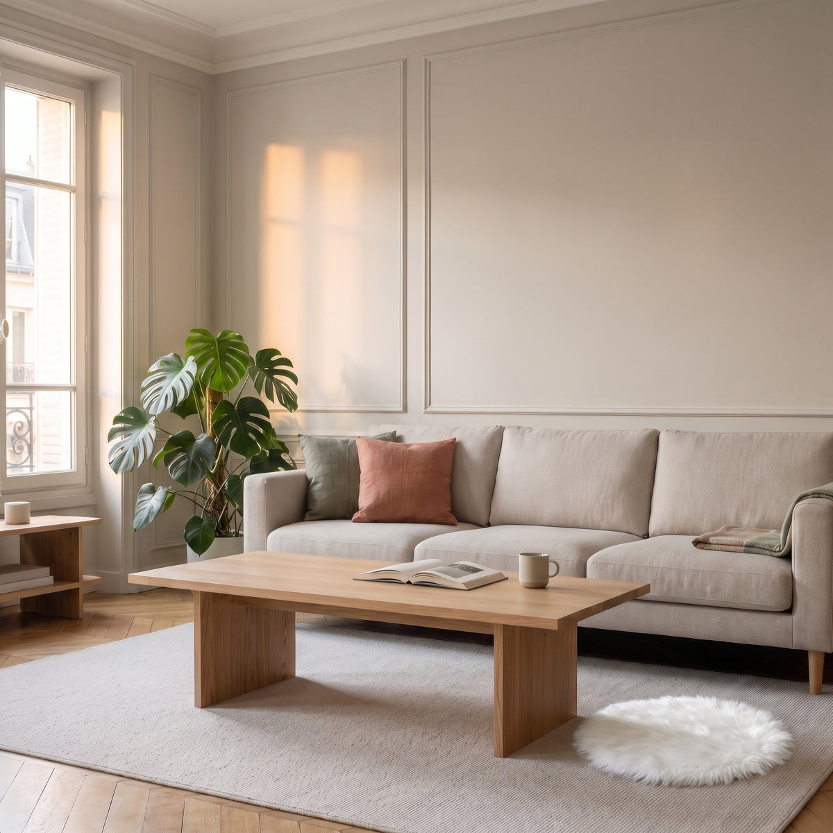 Petit tapis rond blanc en fausse fourrure dans un salon