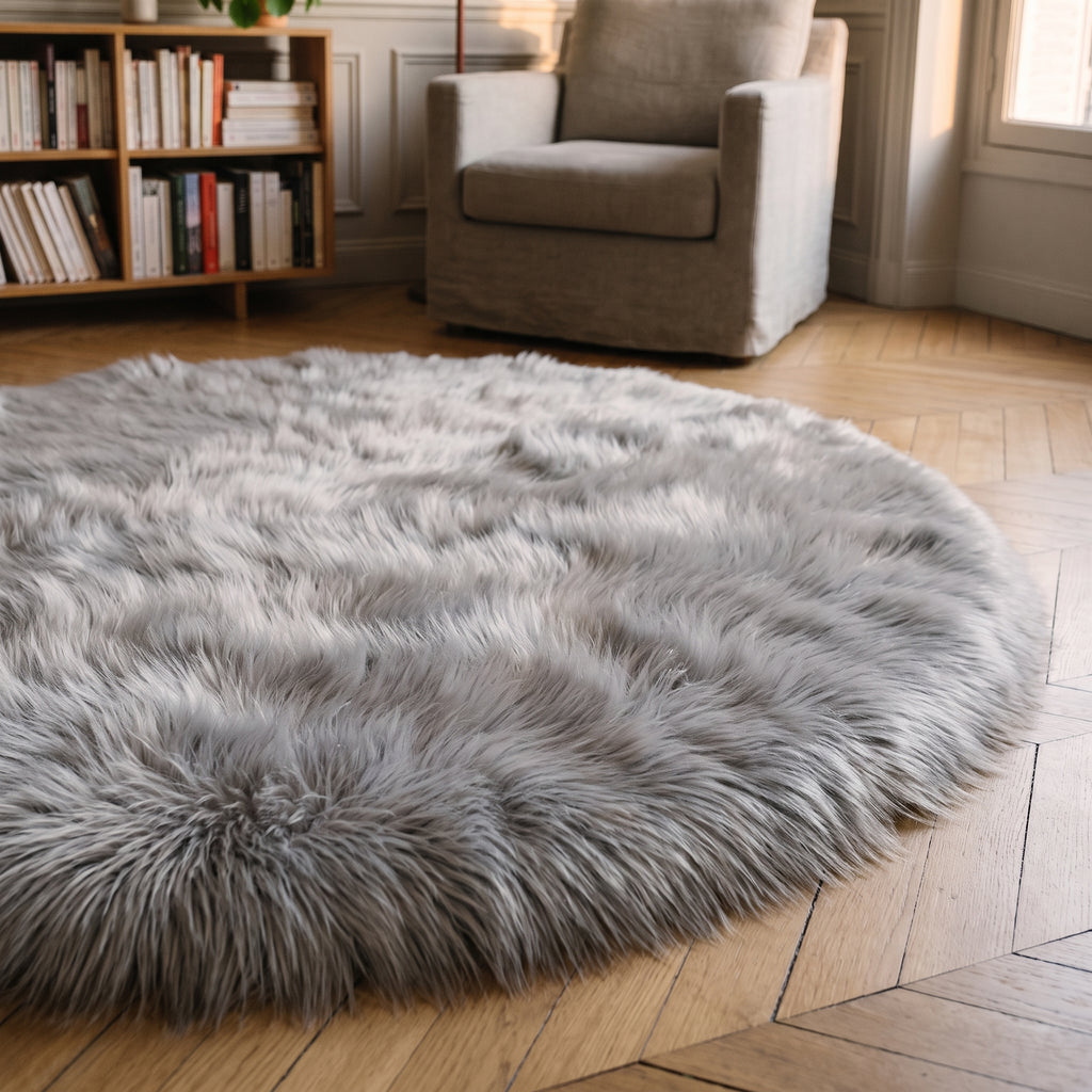 Détail du poil long du tapis rond gris posé à plat