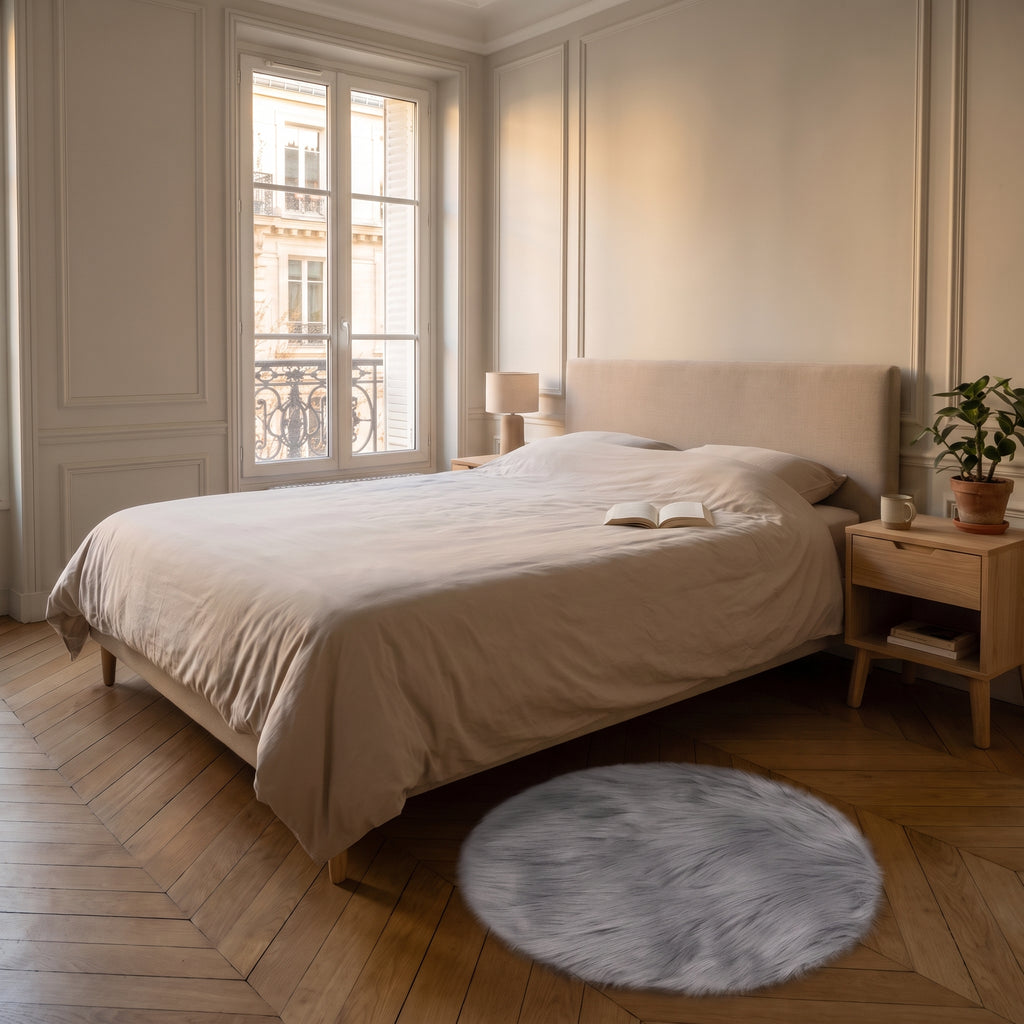 Tapis rond gris en fausse fourrure au pied d'un lit