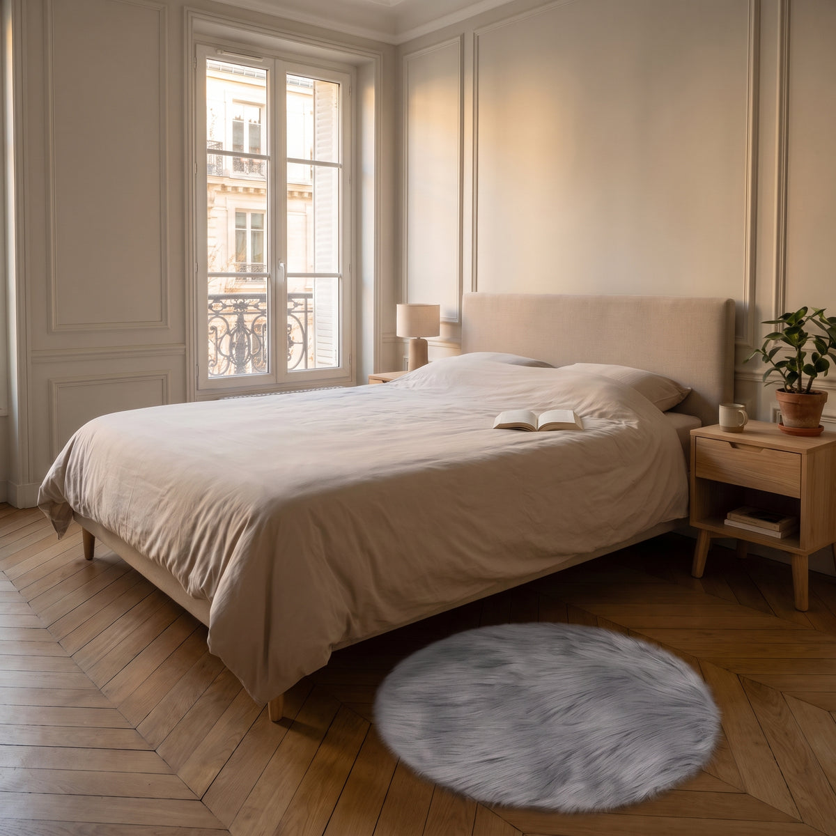 Tapis rond gris en fausse fourrure au pied d'un lit