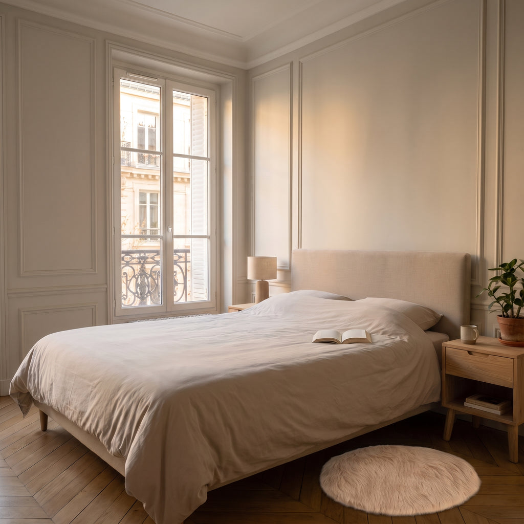 Tapis rond beige sable en fausse fourrure au pied d'un lit