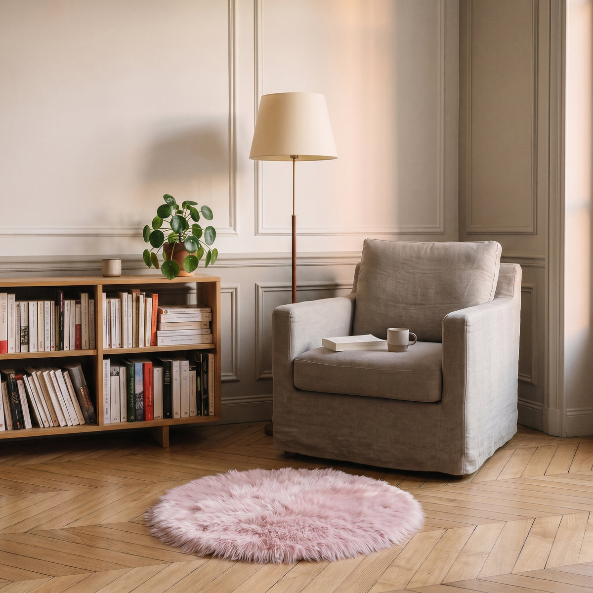 Tapis rond rose en fausse fourrure devant un fauteuil