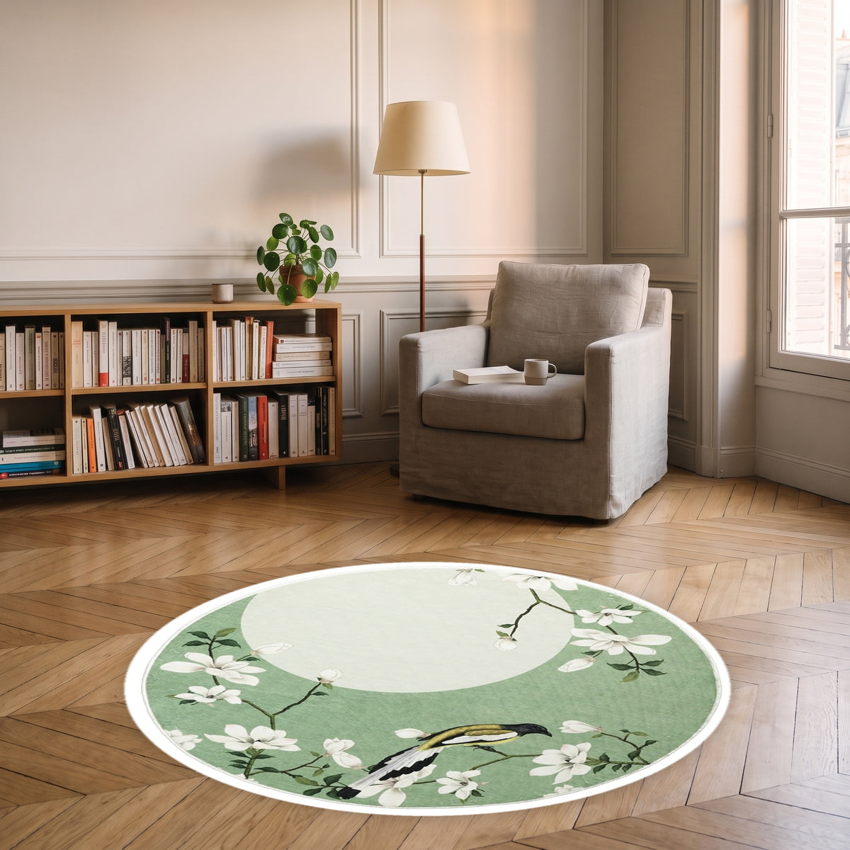 Tapis rond vert avec magnolias et oiseau dans un coin lecture Image