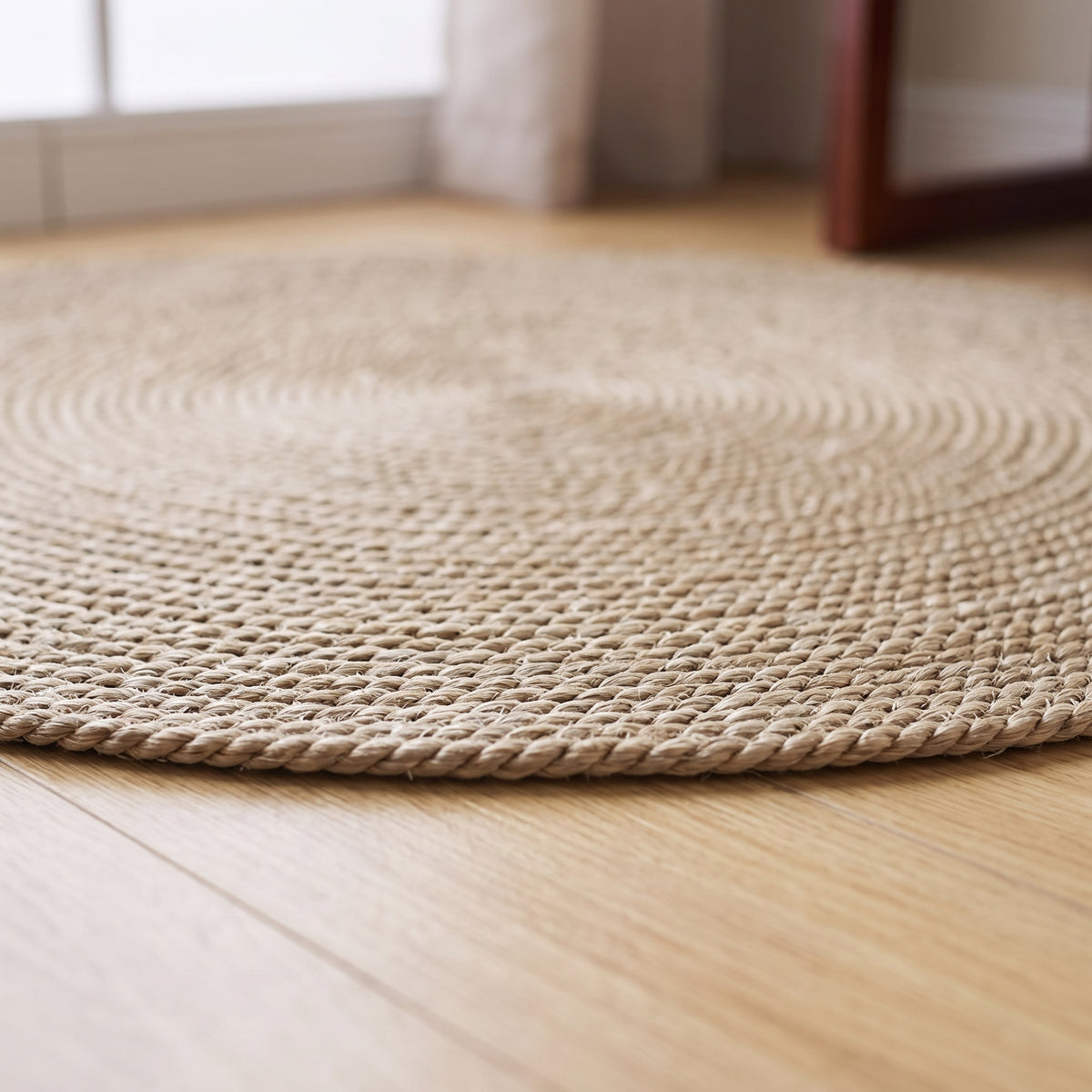Bord tressé du tapis rond en sisal beige, posé sur un parquet de chêne clair Image