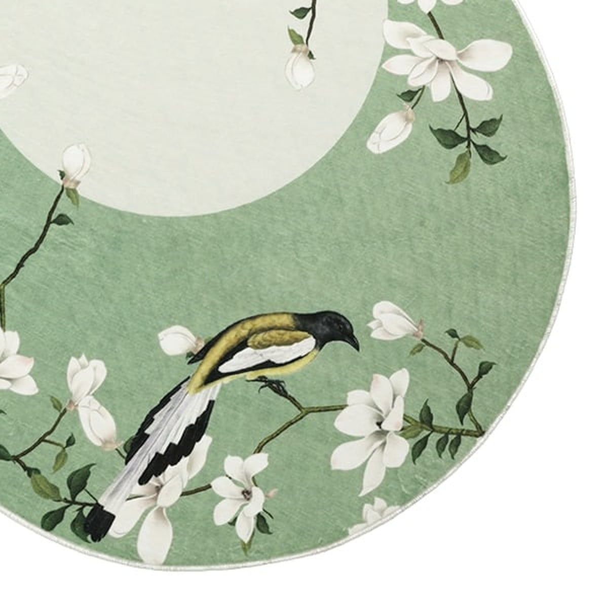 Détail du tapis vert, magnolias, oiseau et disque clair