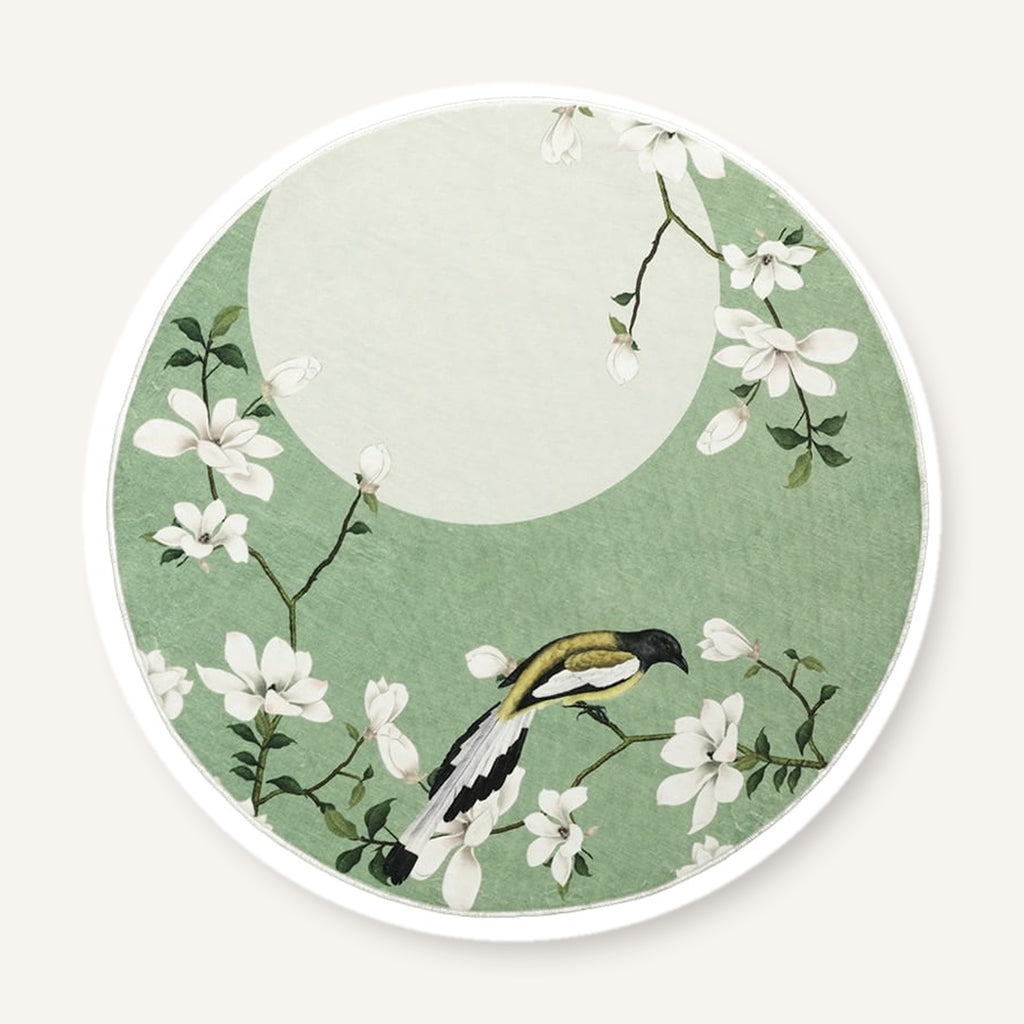 Tapis rond vert avec magnolias et oiseau, vue entière