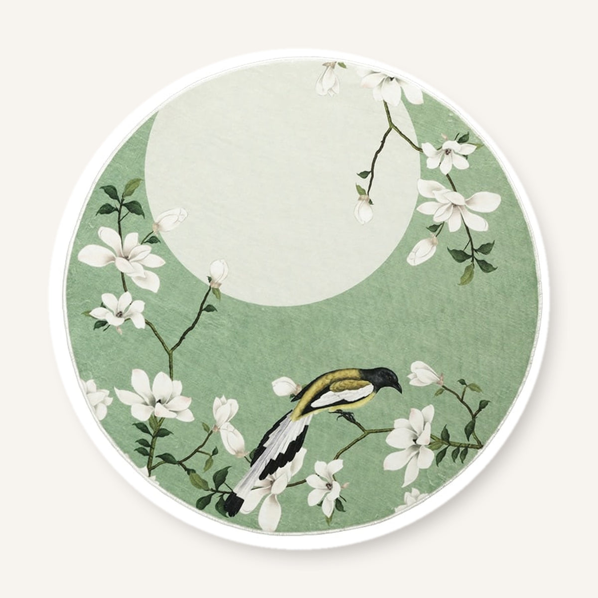 Tapis rond vert avec magnolias et oiseau, vue entière