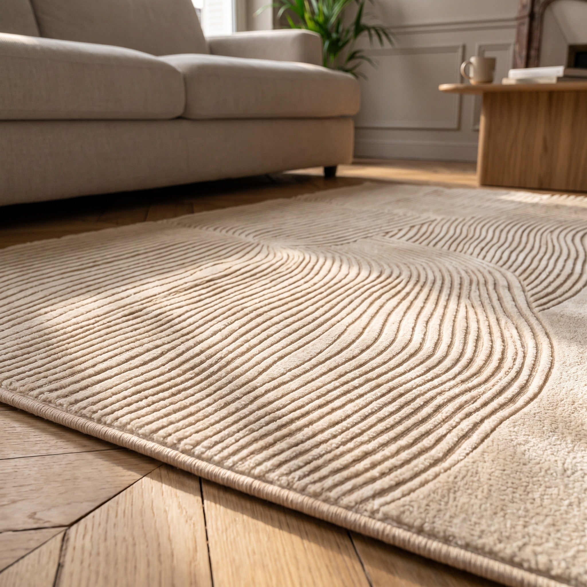 Vue au ras du sol du relief sculpte d'un tapis a traits de rateau sable Image