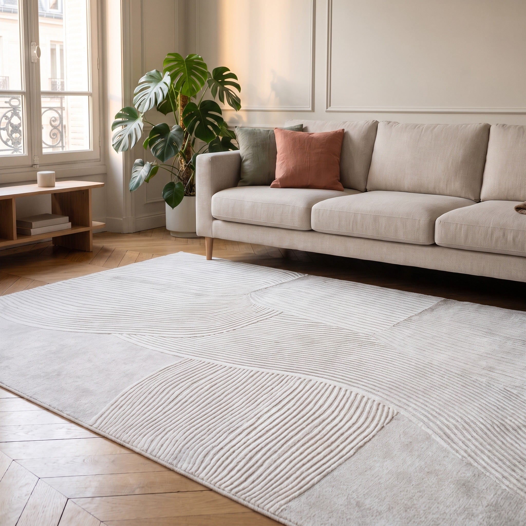 Tapis effet jardin zen blanc craie pose au centre d'un salon clair devant un canape Image