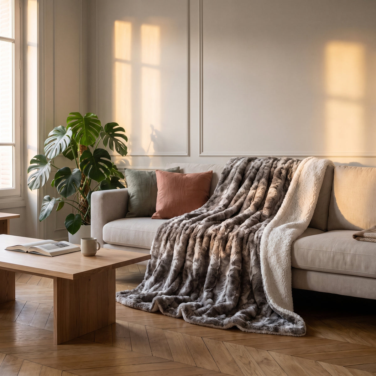 Plaid en fausse fourrure taupe jeté sur un canapé de salon
