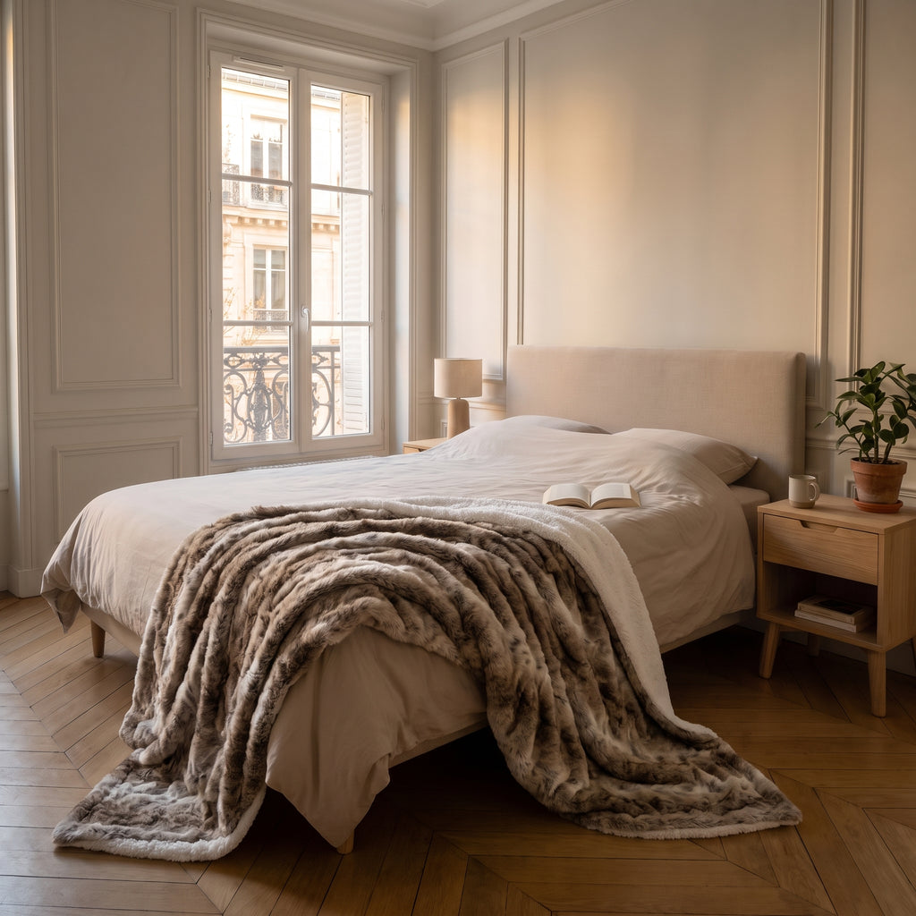 Plaid en fausse fourrure taupe déplié sur un lit deux places