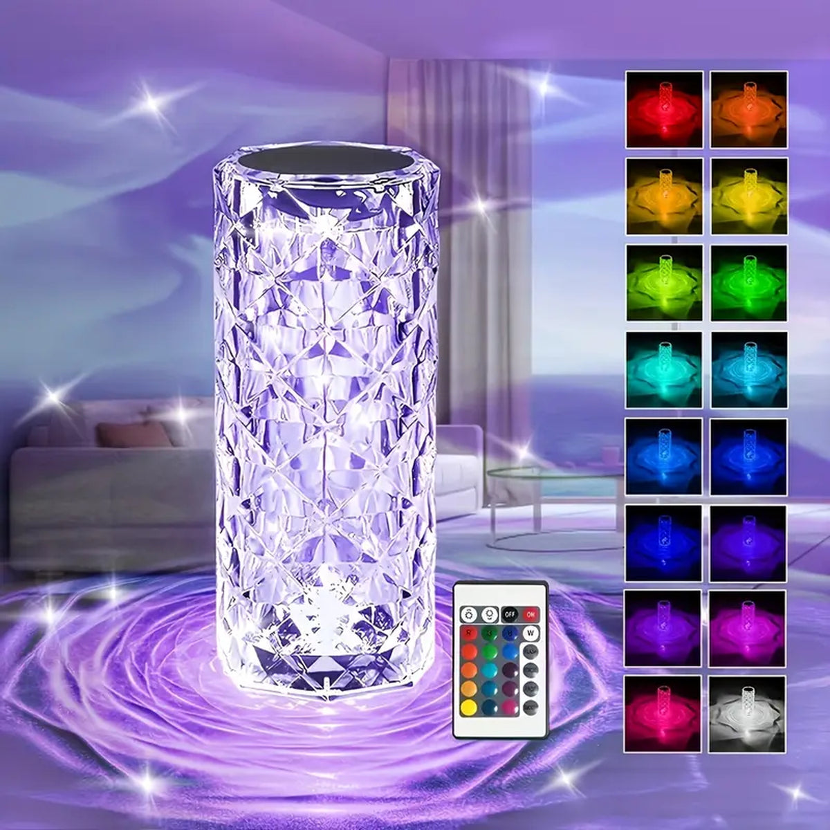 Lampe LED crystal touch et télécommande entourées des 16 couleurs de lumière