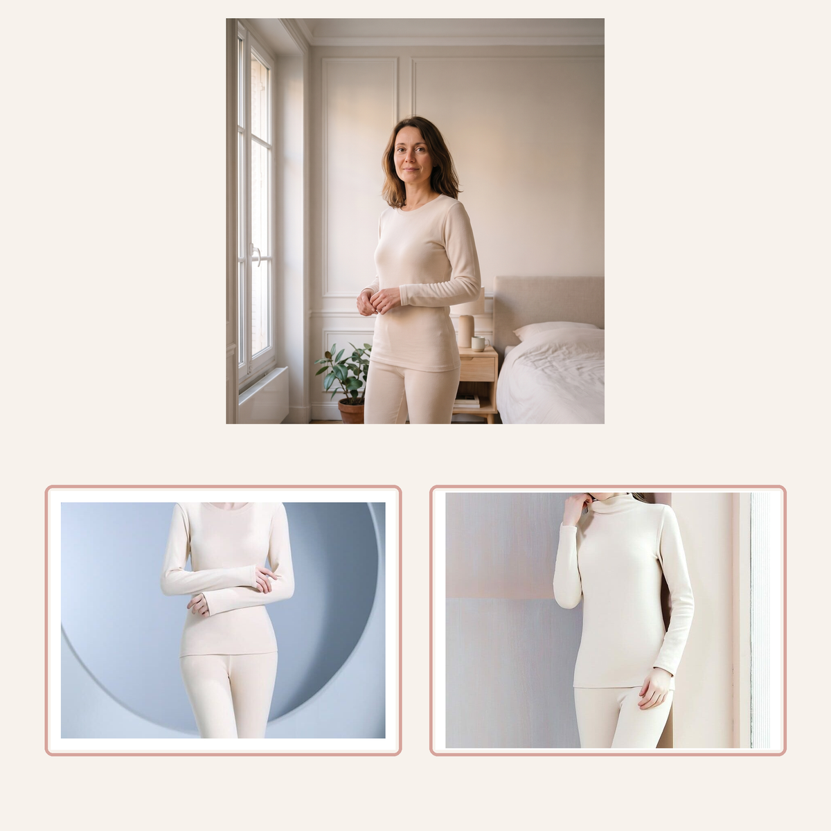Sous-vêtements thermiques blancs à col rond et roulé avec femme du casting