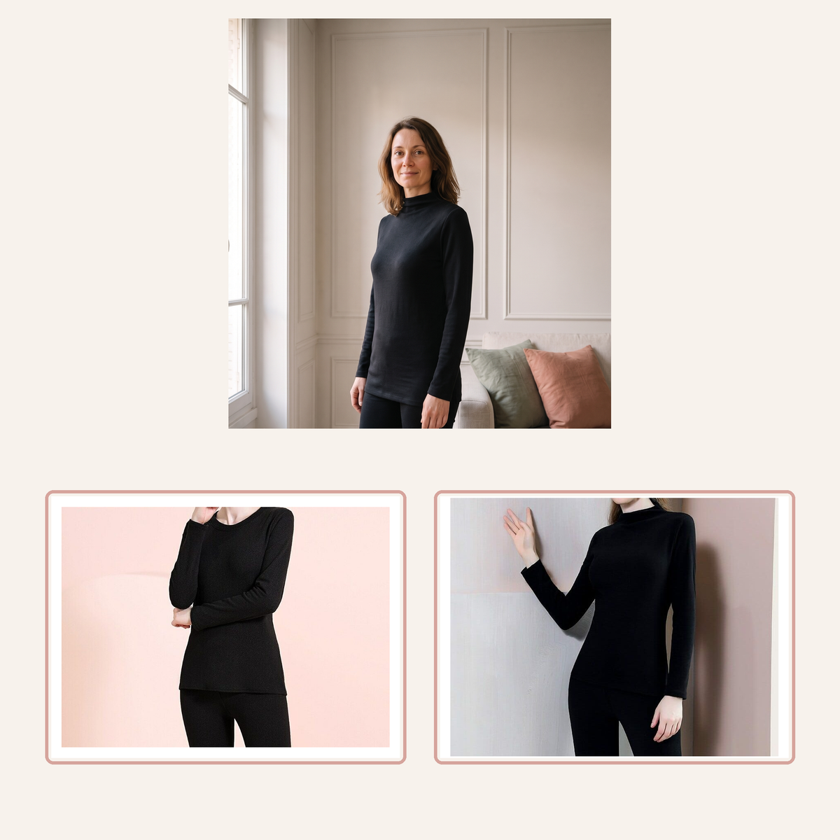 Sous-vêtements thermiques noirs à col rond et roulé avec femme du casting Image