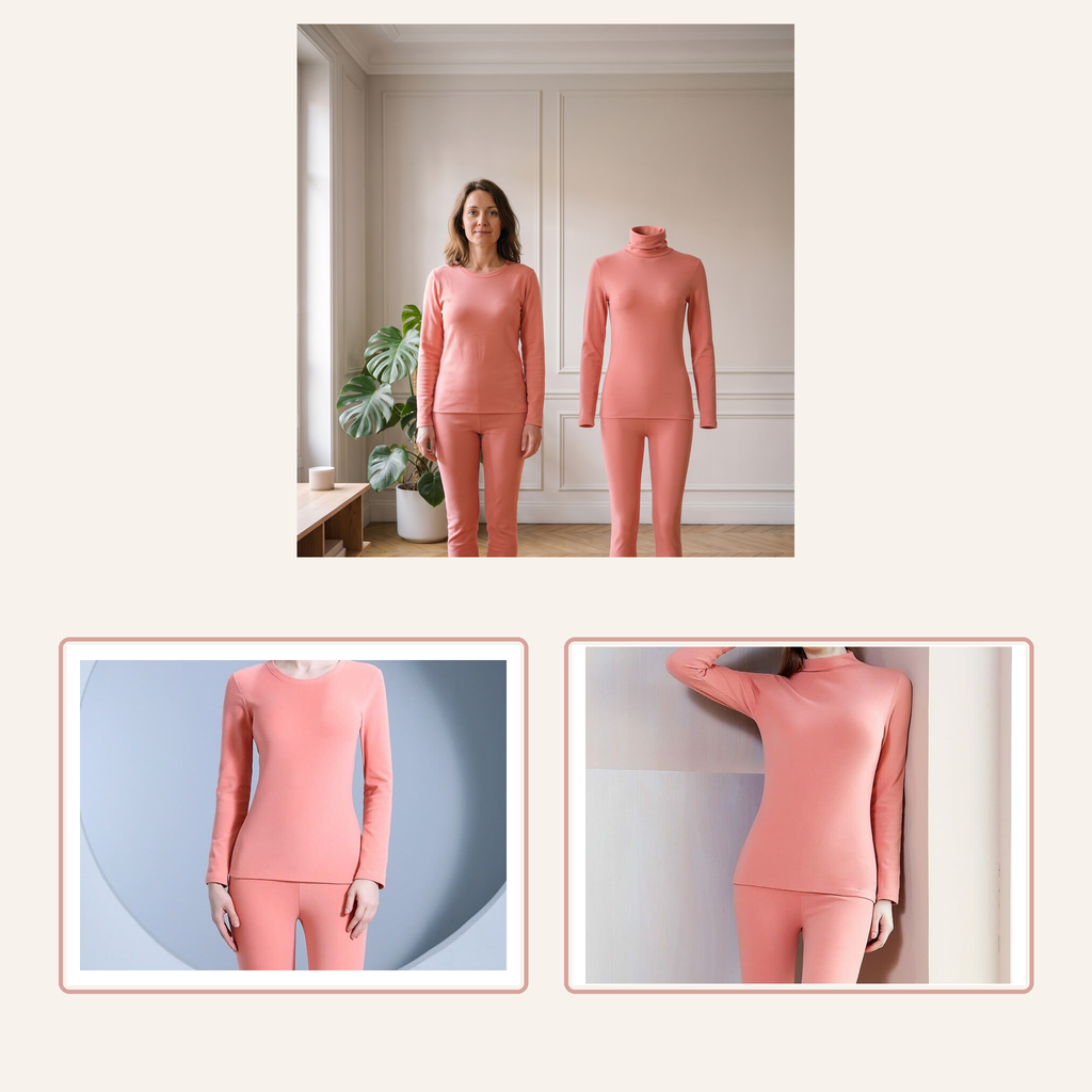 Sous-vêtements thermiques roses à col rond et roulé avec femme du casting