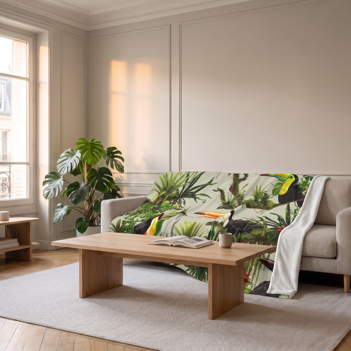 Plaid polaire toucans et jungle jeté sur un canapé de salon